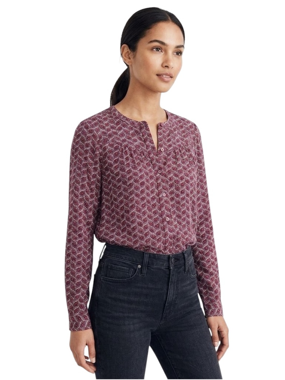 Maeve by Anthropologie Burgundy & White Geometric Print Long Sleeve Button Down